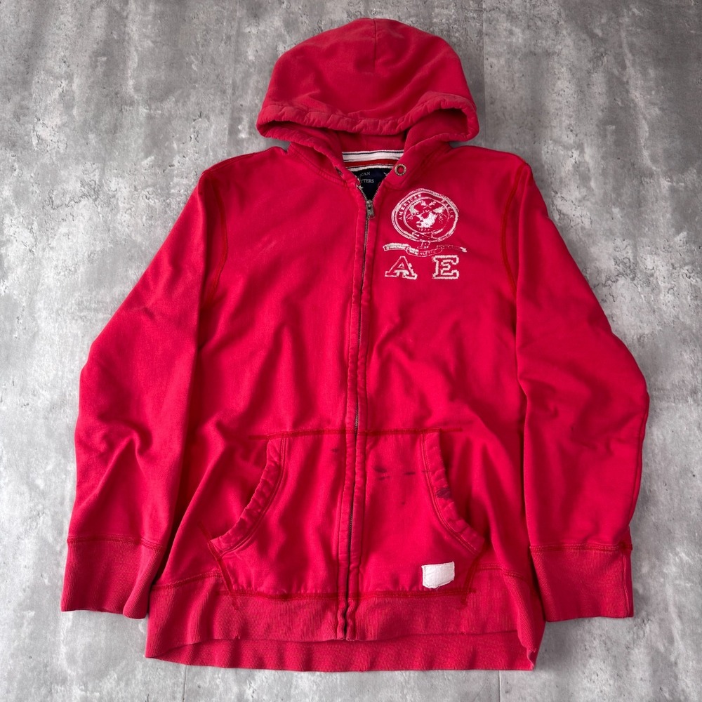 American Eagle Outfitters Hoodie Mens XL Red Full Zip Distressed Logo 1977 Y2K